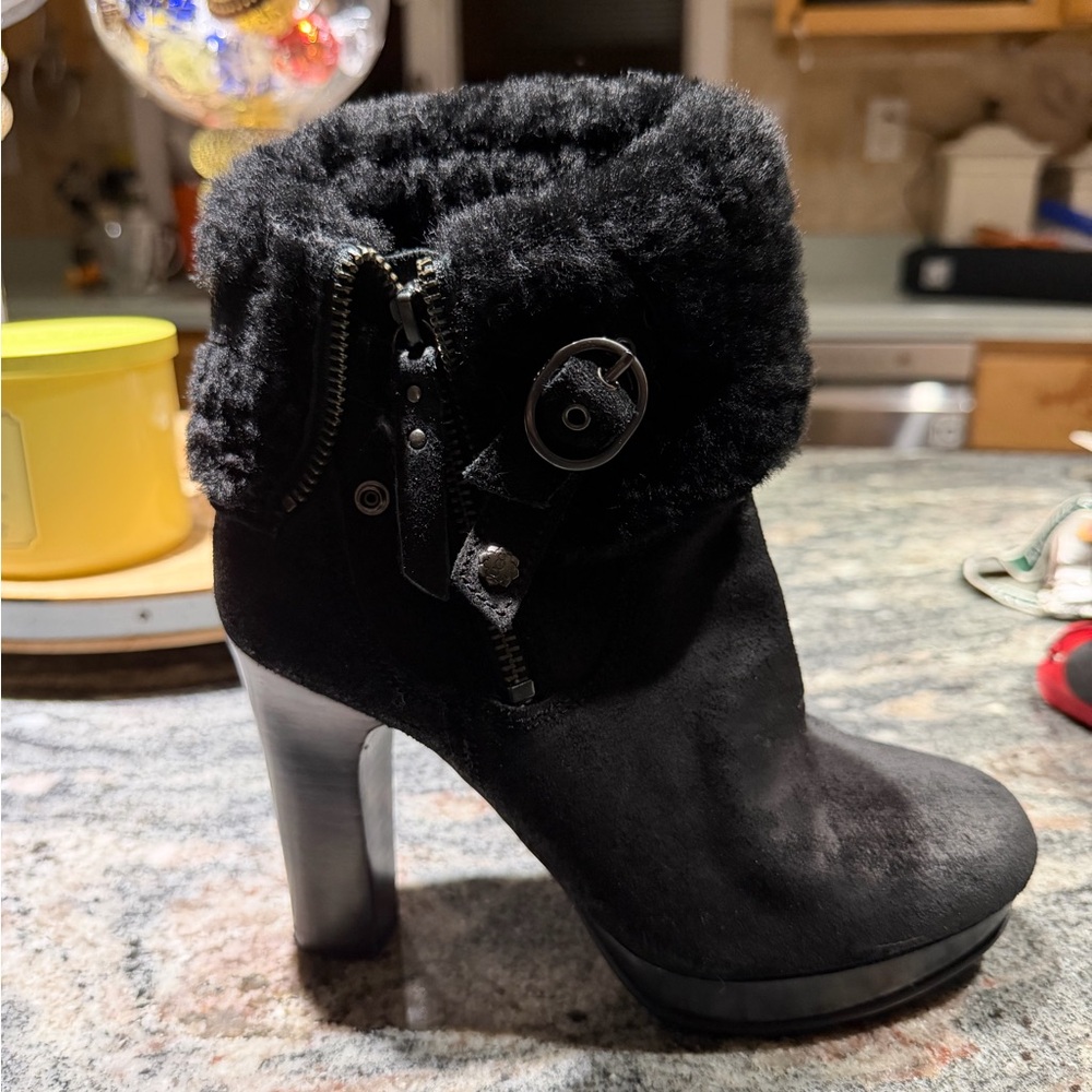UGG Black Heeled Boots with Fur Cuff